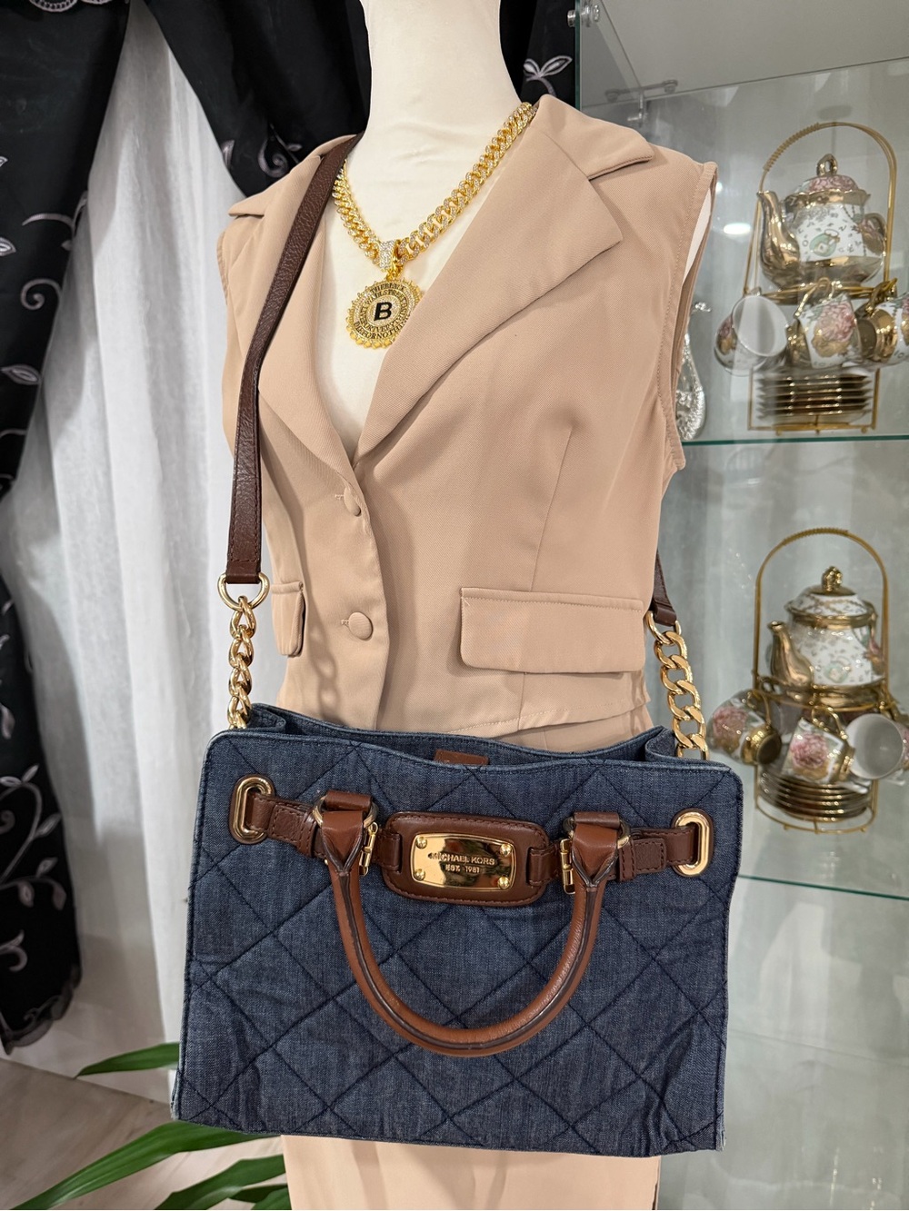 Michael Kors Quilted Denim Tote with Brown Leather Trim